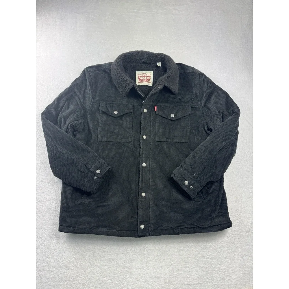 Levis Jacket Mens 2XL All Black Corduroy Fleece Sherpa Trucker Coat Heavyweight